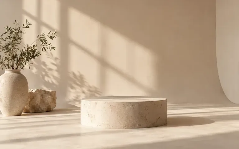 An empty cream studio backdrop with a low plinth