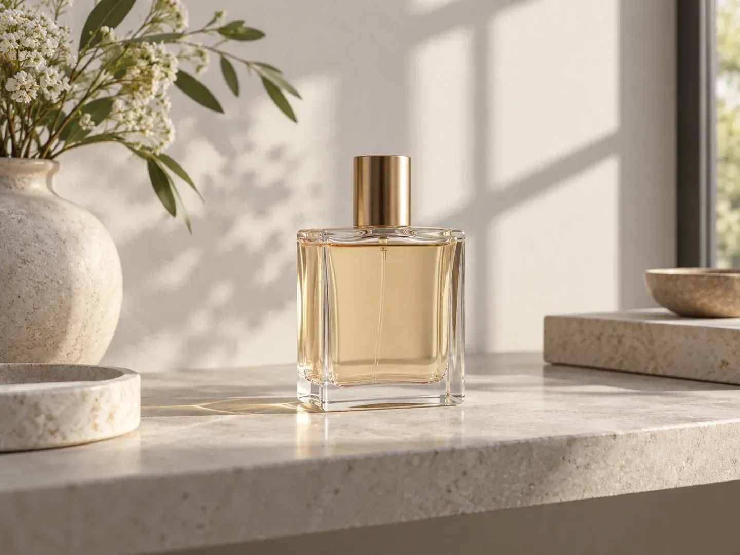 A plain unbranded perfume bottle on a pale stone shelf with soft window shadows