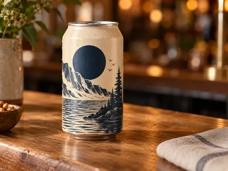 Taproom Presentation Concepts: an existing beer can design placed on a bar counter