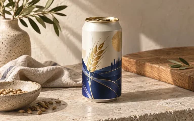 Beer can artwork viewed across the front and curved side