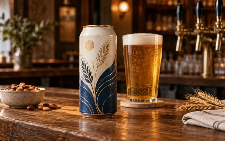 A finished beer can design presented on a taproom counter
