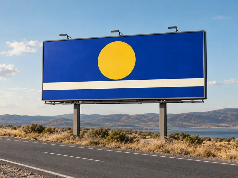 Roadside Campaign Pitch: show a wide ad face with the road and surrounding landscape
