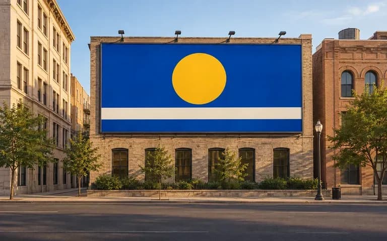 A billboard design in a street scene with the surrounding buildings visible