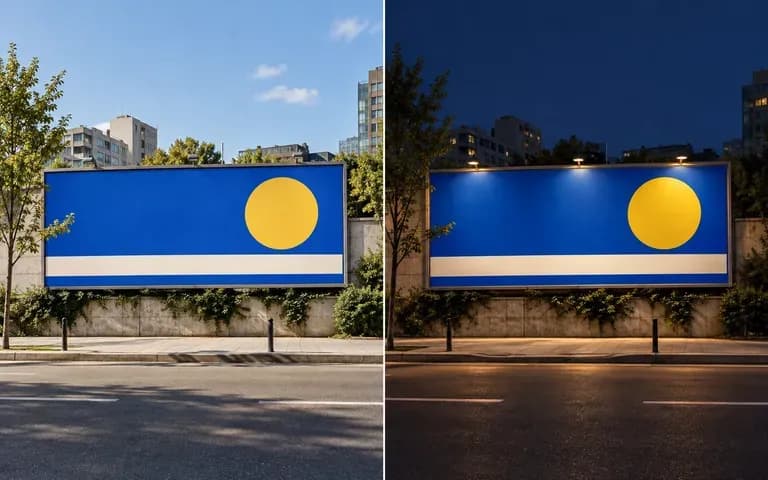 An outdoor campaign concept shown in daylight and at night