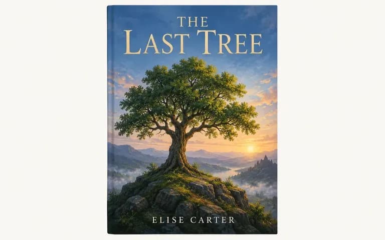 An original illustrated fantasy front cover concept with a single tree and quiet sky