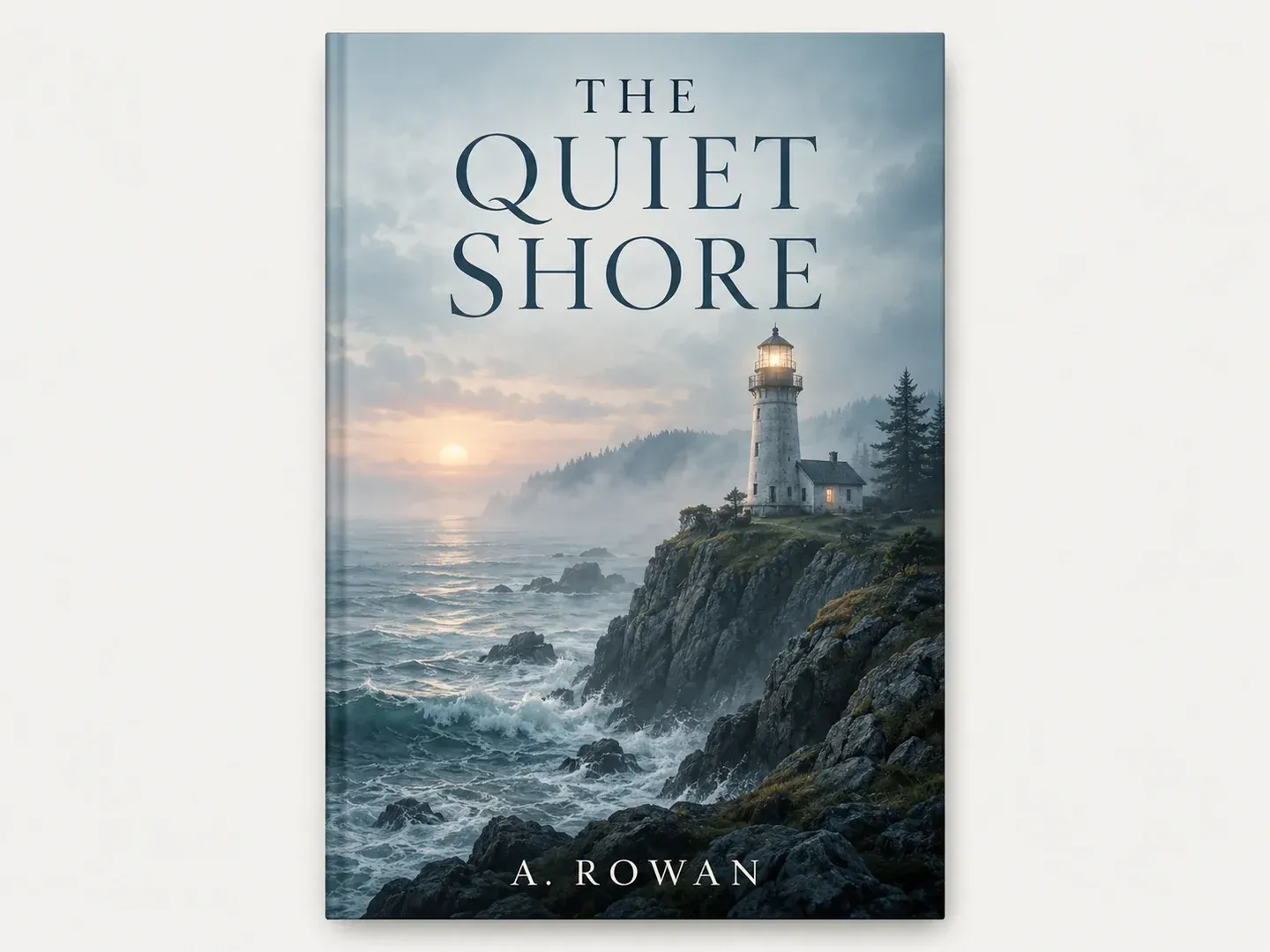 An original front book cover concept with the exact title THE QUIET SHORE and author A. ROWAN, misty lighthouse imagery