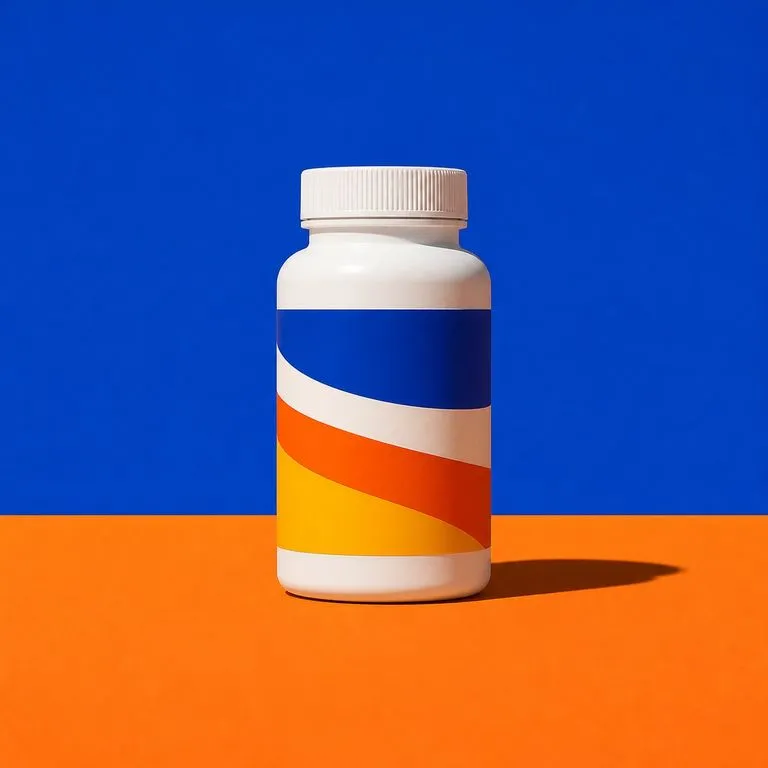 A bottle against a saturated colour-block backdrop with a hard shadow