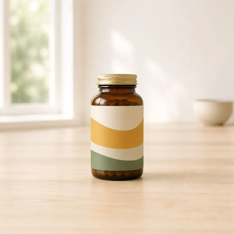 A supplement bottle on a warm kitchen counter in domestic daylight