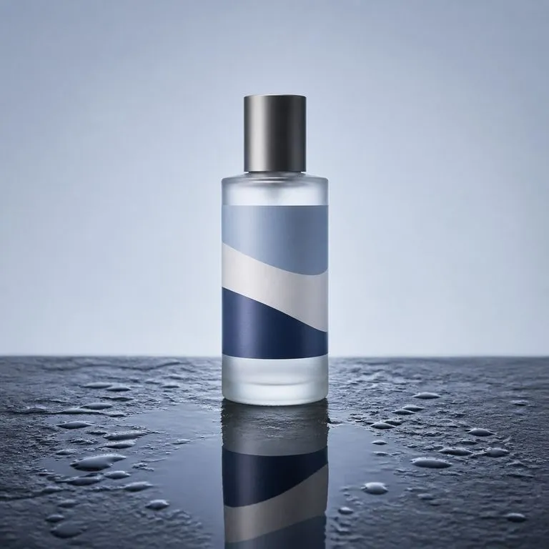 A bottle standing on wet dark stone with water droplets around it