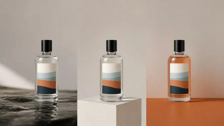 Three close-ups of one bottle in different scenes with the label graphic identical in all three
