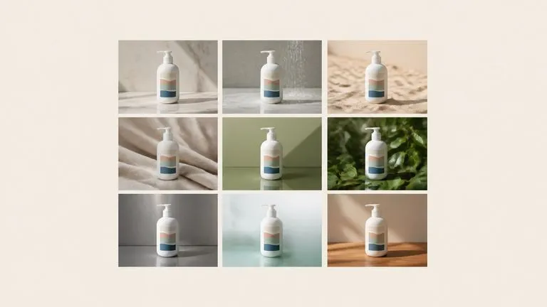 A three by three grid of nine genuinely different scenes built around one bottle