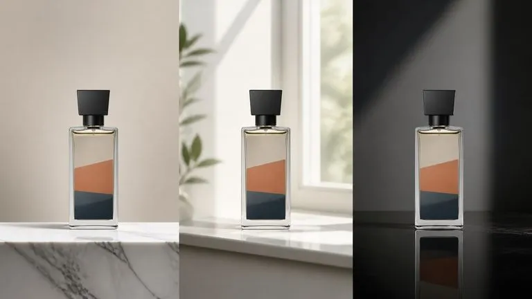 One distinctive bottle silhouette shown in three scenes with its shoulder and cap unchanged