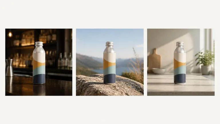 One drink bottle photographed on a bar, on a rock and on a kitchen counter
