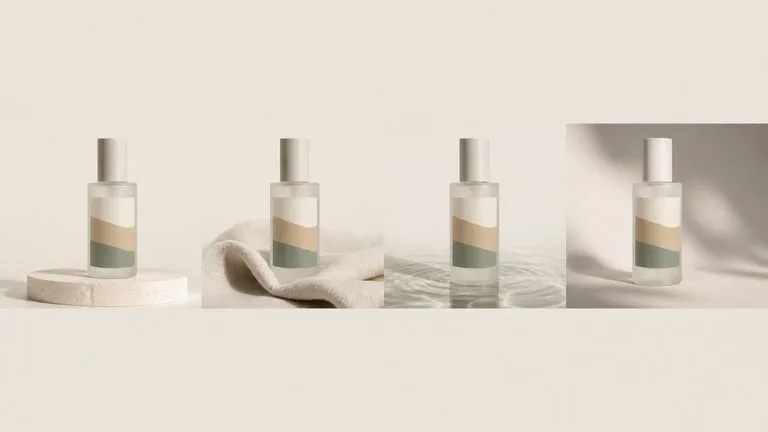 One skincare bottle shown across four calm campaign scenes in a row