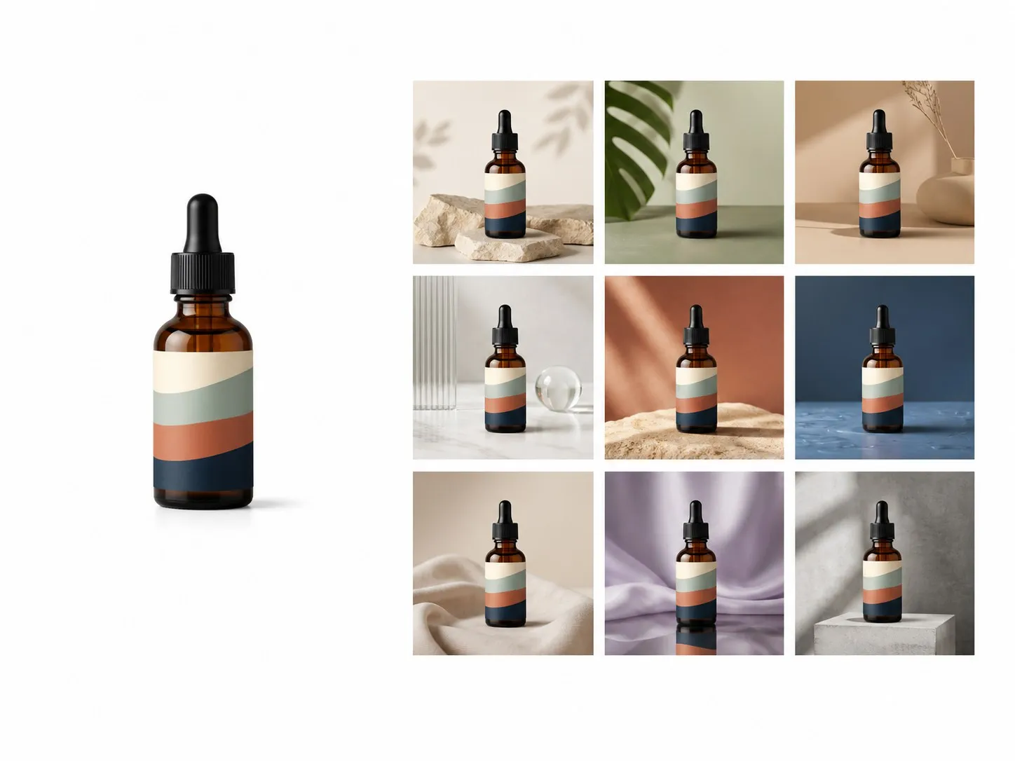 A single bottle photograph on the left and a three by three grid of nine advertising scenes on the right