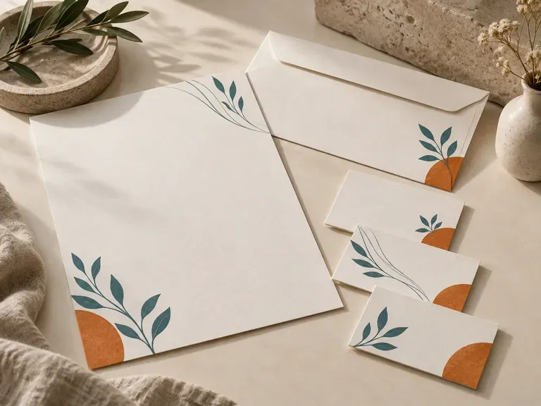 Stationery Presentations: a logo applied to cards, letterhead, and an envelope