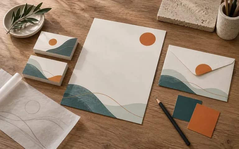 A designer reviewing a brand identity on office materials