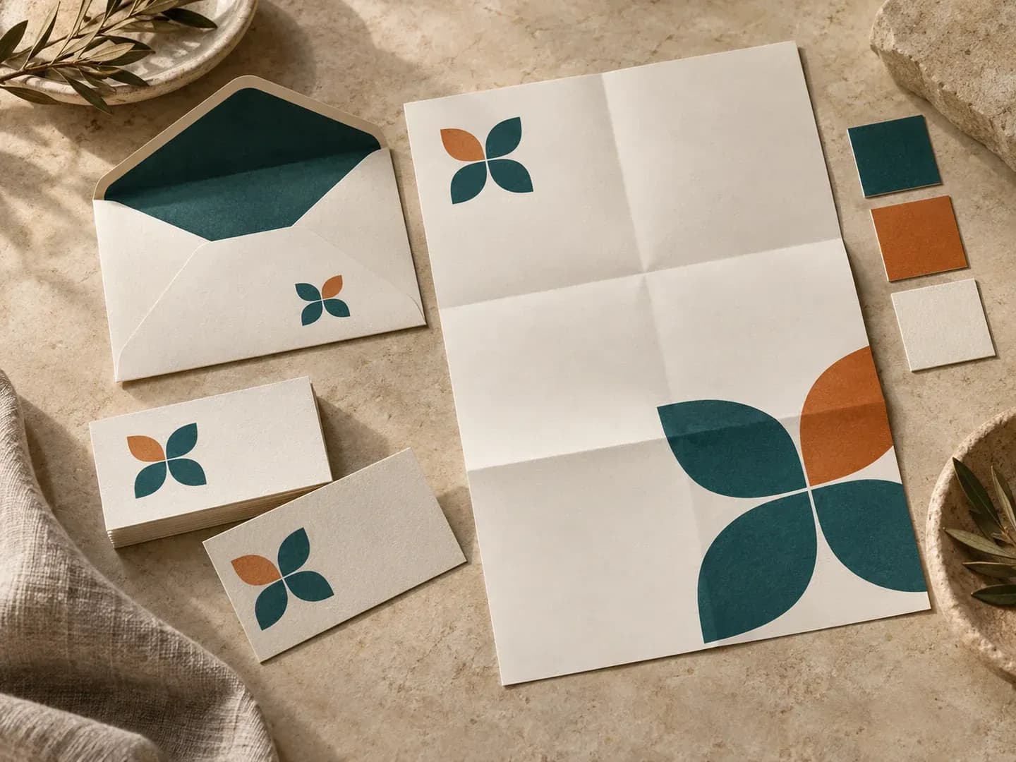 An existing logo and color palette applied across a stationery set