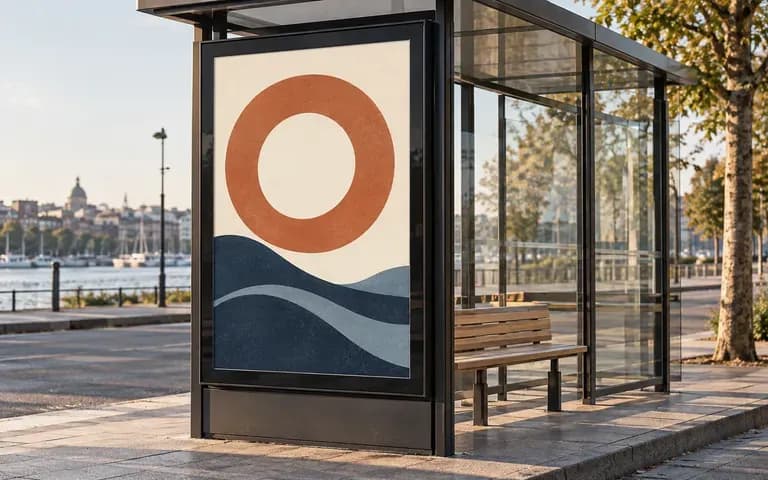 A portrait ad positioned inside the frame of a shelter panel