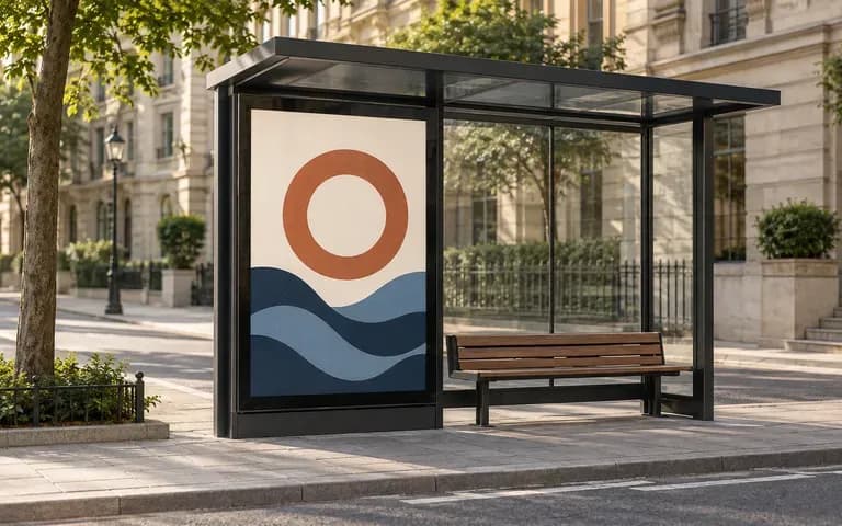 A shelter advertisement seen from the pavement with the surrounding street visible