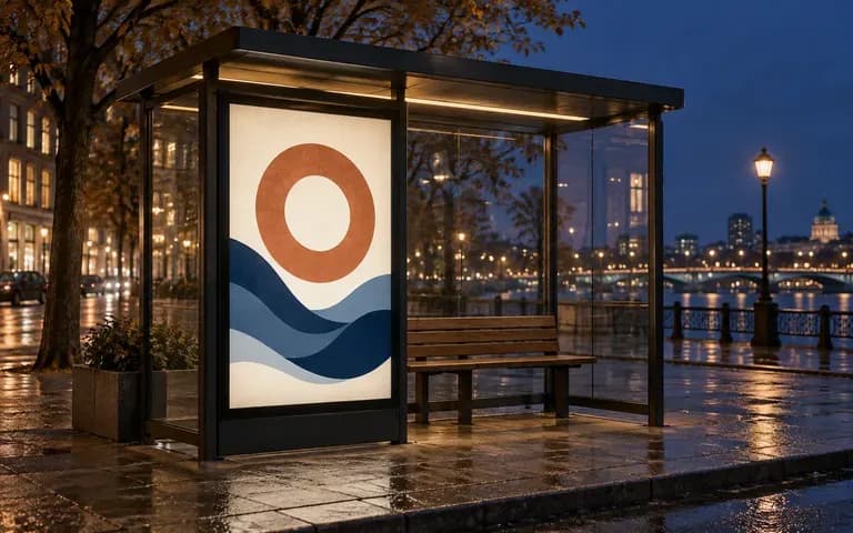 A shelter lightbox poster mockup in an evening street setting