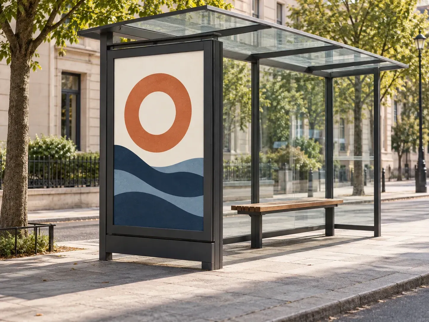 A portrait campaign poster shown inside a bus shelter display