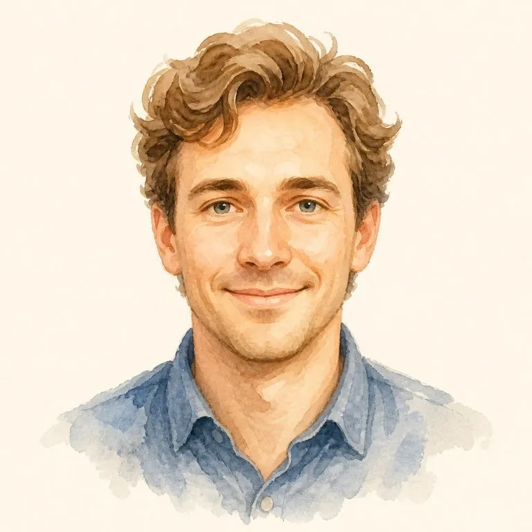 A watercolour avatar with soft edges that still reads as the same person