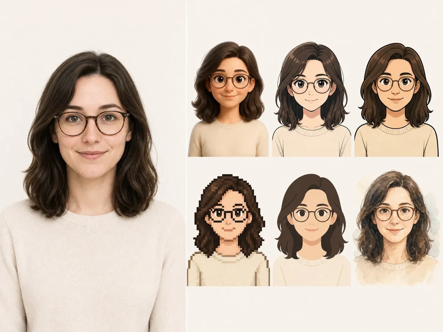 A portrait photograph on the left and six stylised avatars of that person on the right