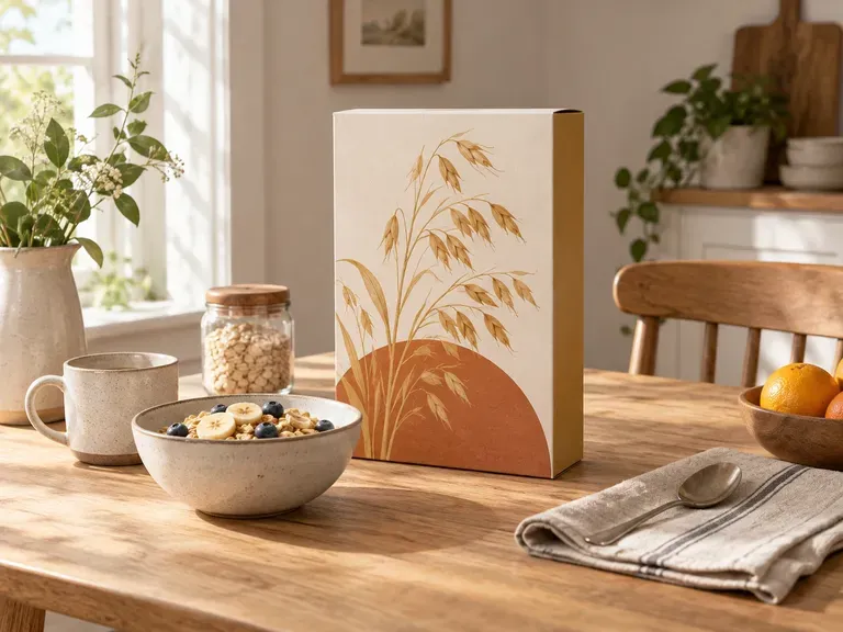 Breakfast Table Concepts: a cereal box shown beside a morning table setting
