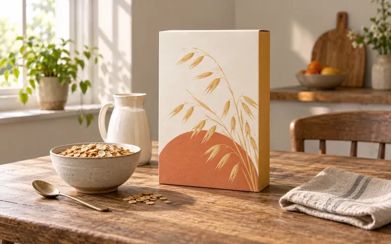 Cereal packaging shown on a breakfast table