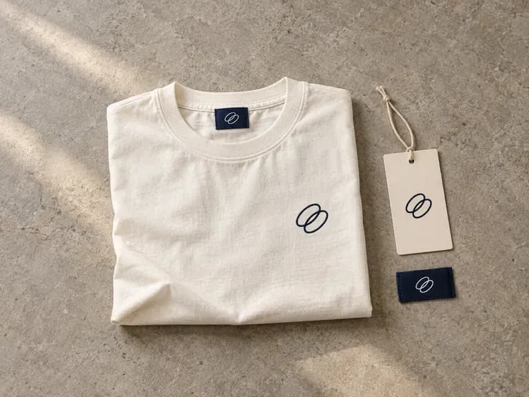 Studio Flat Lays: apparel, labels and tags arranged for a collection overview