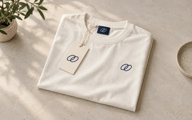 A garment displayed with its matching label and hang tag