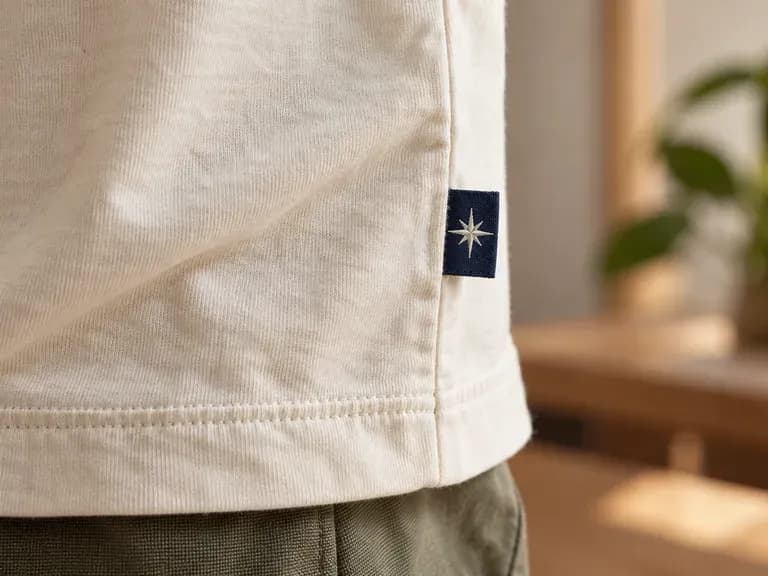 Side Seam Details: a brand label at the garment's side seam