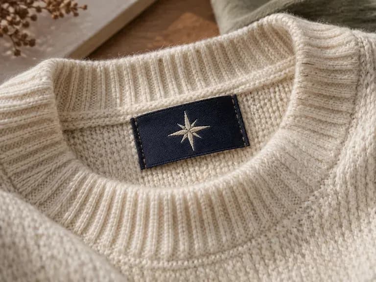 Sweater Branding Concepts: a prepared label shown on a knitwear reference