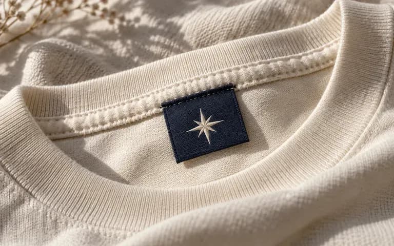 A label design viewed against the specified garment fabric