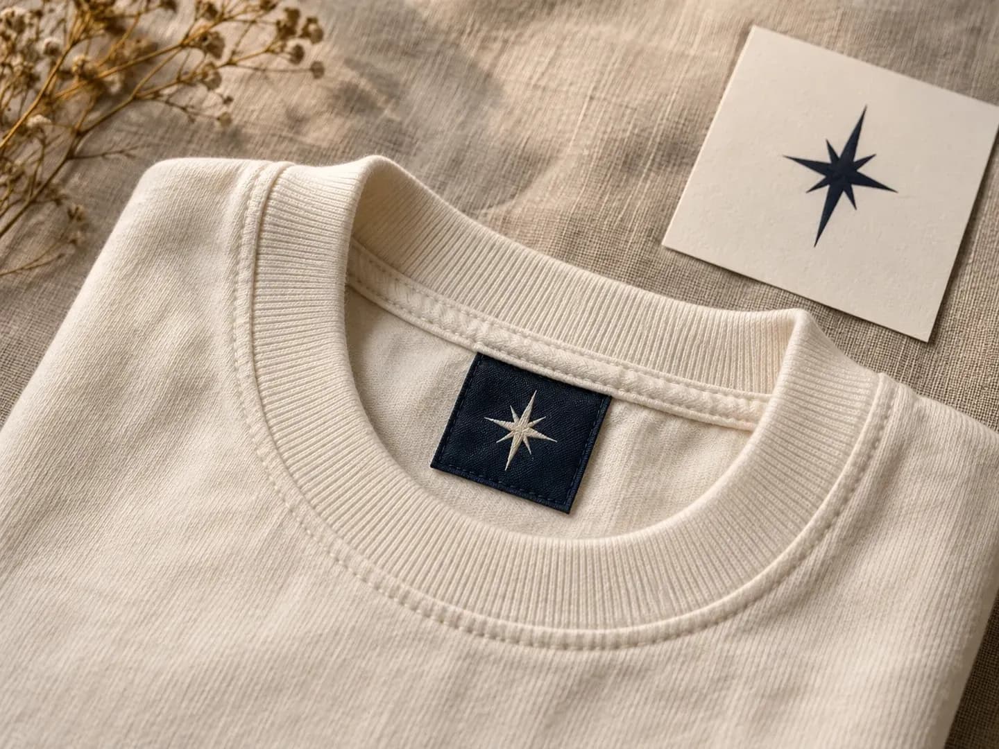 Existing brand label artwork shown inside a garment neckline