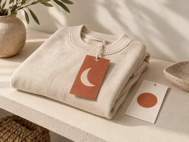 Brand Identity Portfolios: finished tag artwork presented in a clothing context