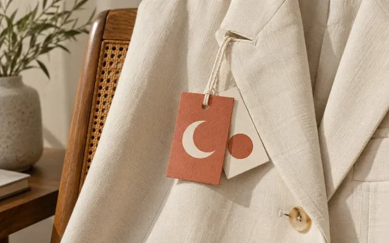 A hang tag and cord shown attached to a jacket