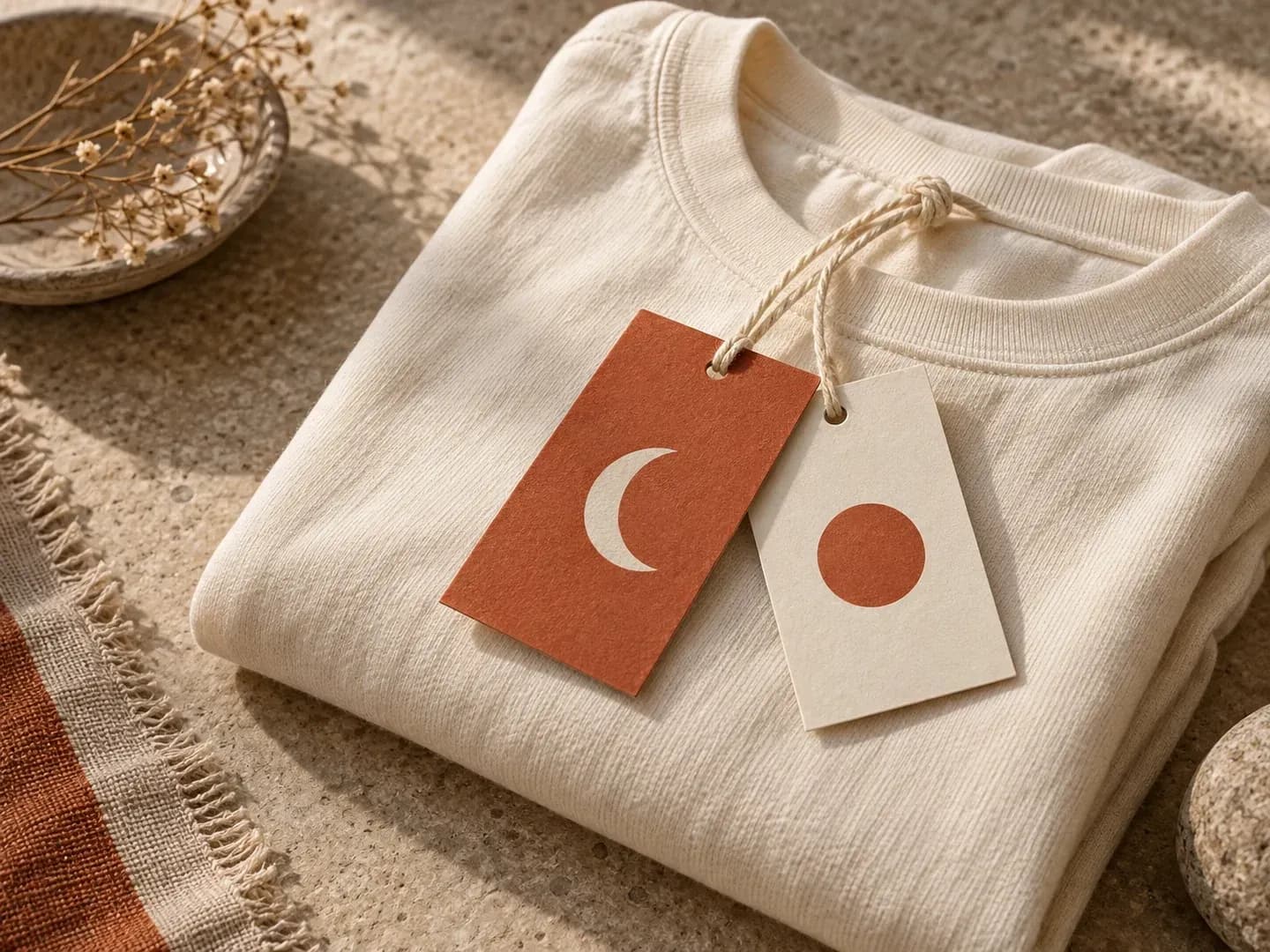 Front and back hang tag artwork presented with a garment and cord