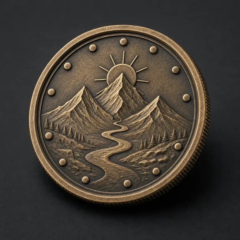 A close-up of an antique bronze crest coin's front face