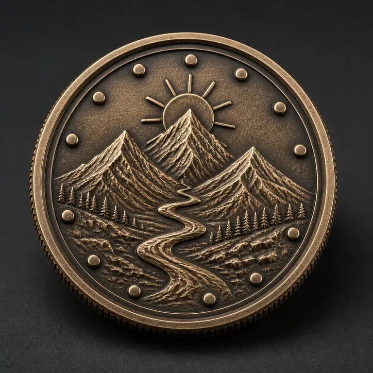 A sculptural relief coin filling most of the frame with a raised 3D scene