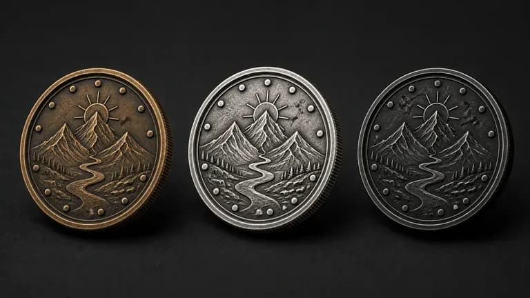Three coins in antique bronze, bright silver and matte black finishes with the same crest