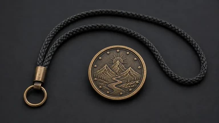 A dual-tone club emblem coin beside a lanyard cord