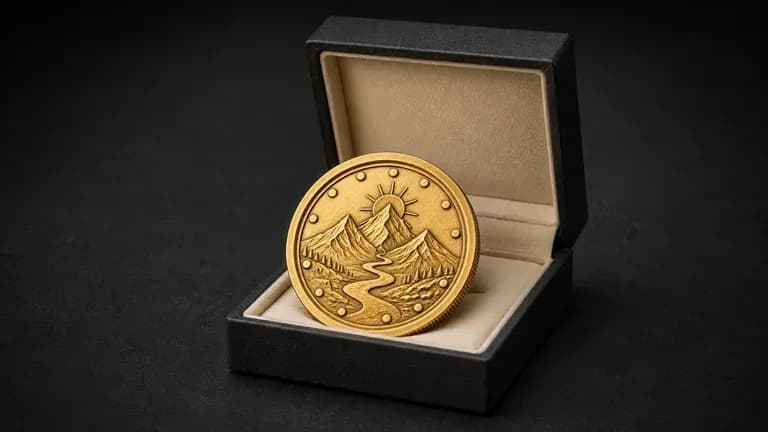 A polished gold-plated corporate gift coin resting at the opening of a gift box