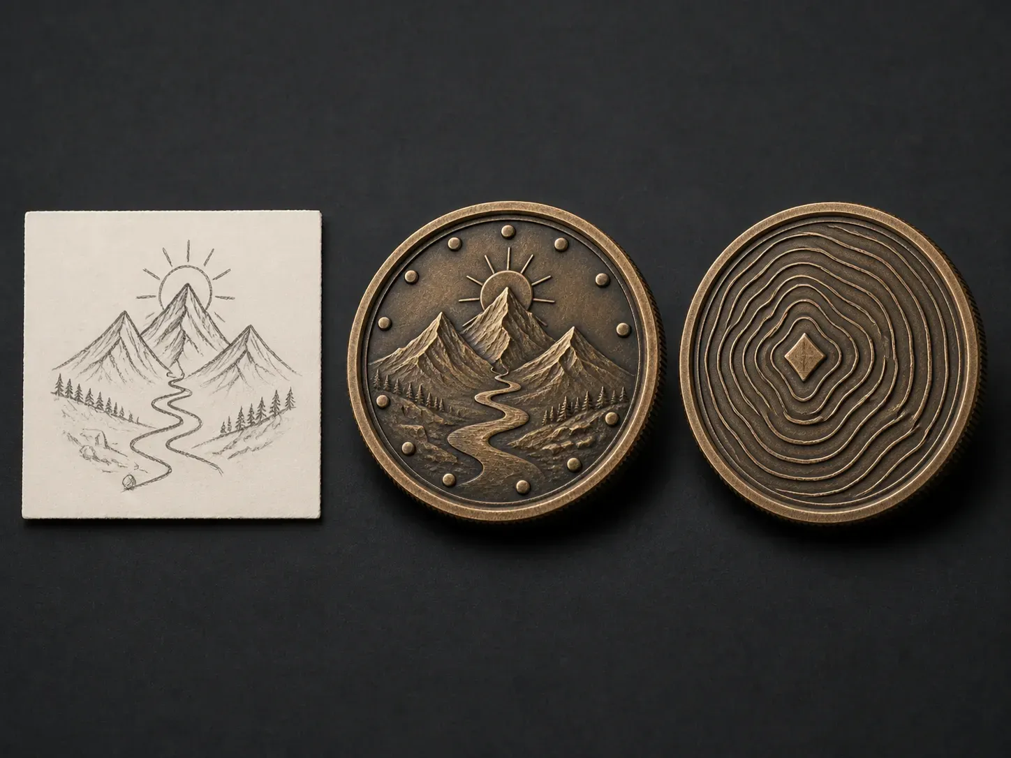 A mountain crest sketch reference beside an antique bronze coin shown front and back in 3D relief