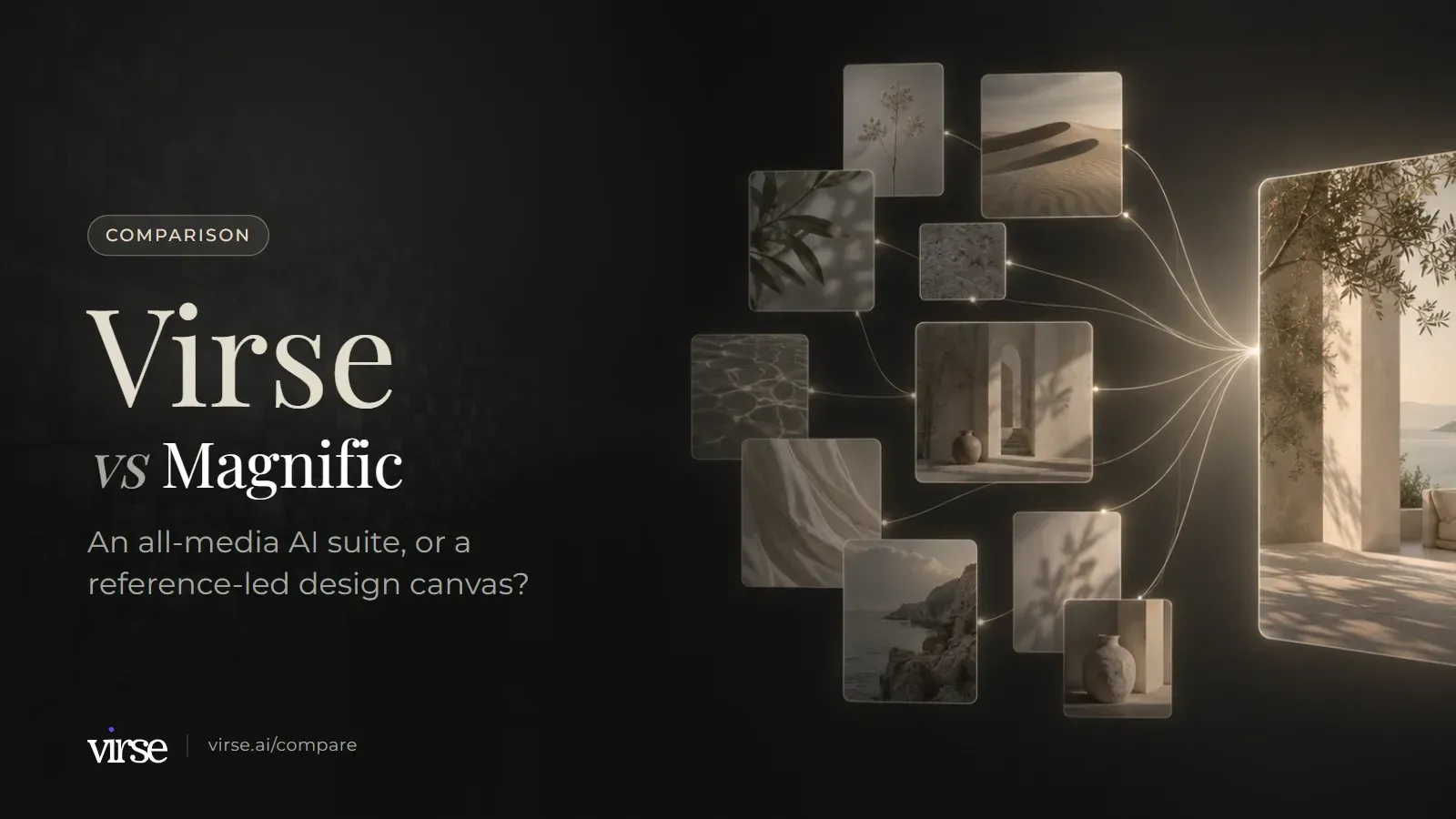 Virse vs Magnific: floating image cards linked by fine lines of light into one final image. An all-media AI suite, or a reference-led design canvas?