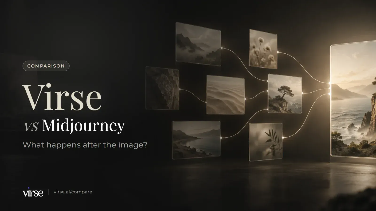 Virse vs Midjourney: floating image cards linked by fine lines of light into one final image. What happens after the image?