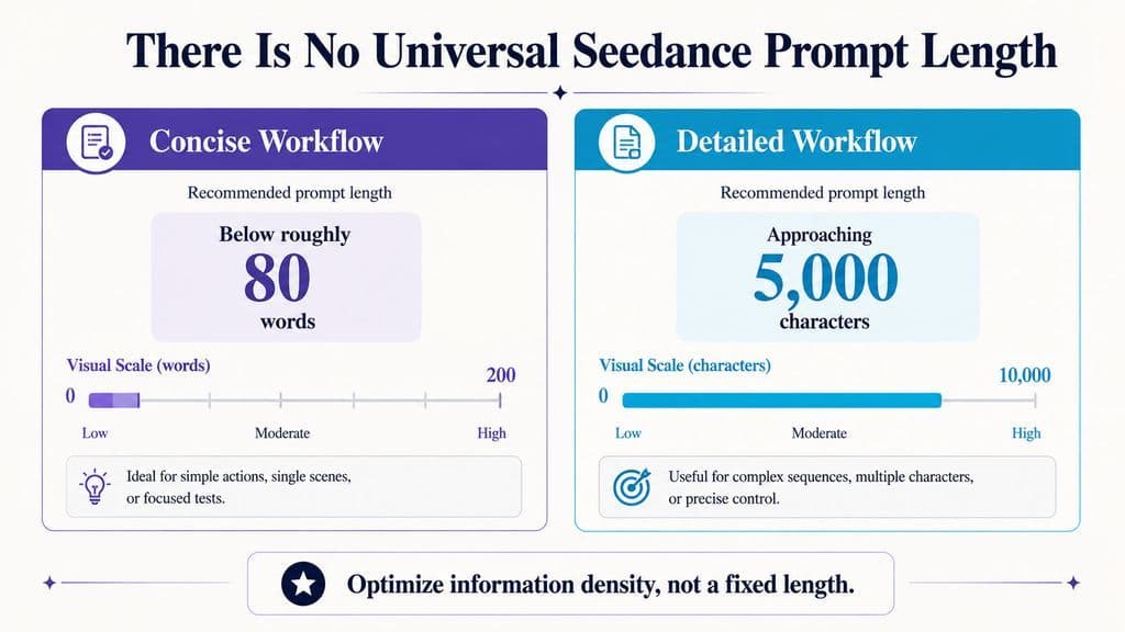 Comparison graphic showing one Seedance workflow using fewer than roughly 80 words and another using nearly 5,000 characters, illustrating that no universal prompt length is supported by the reviewed cases.