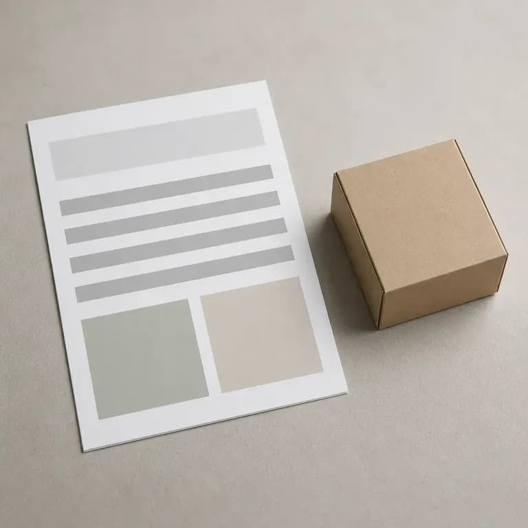A packaging-themed brief document beside a blank cardboard box mockup