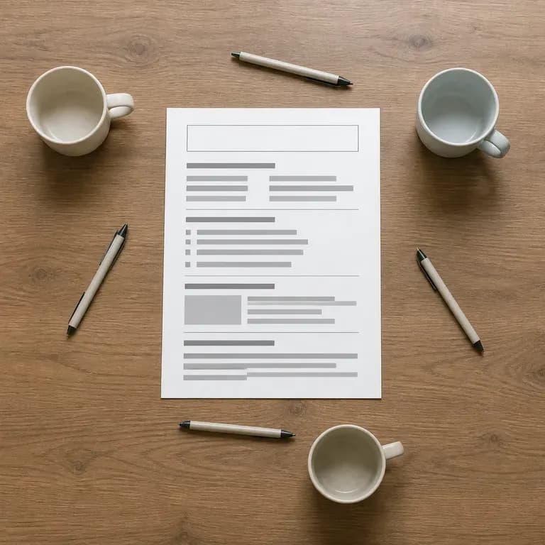 A client kickoff scene with a brief document centred on a table among tea cups and pens